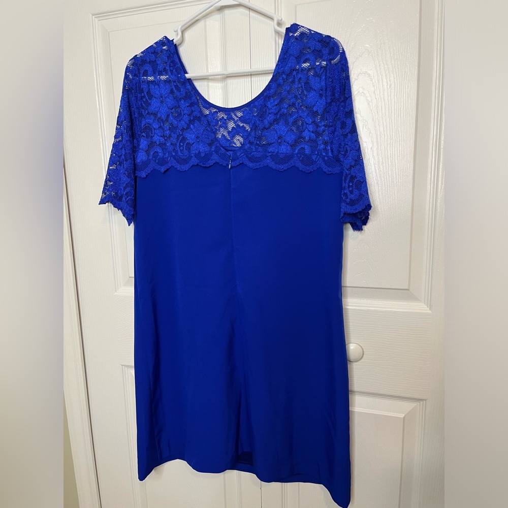Badgley Mischka‎ Belle Royal Blue Floral Lace Detail Sleeves Mini Dress Sz 12 - Picture 6 of 9